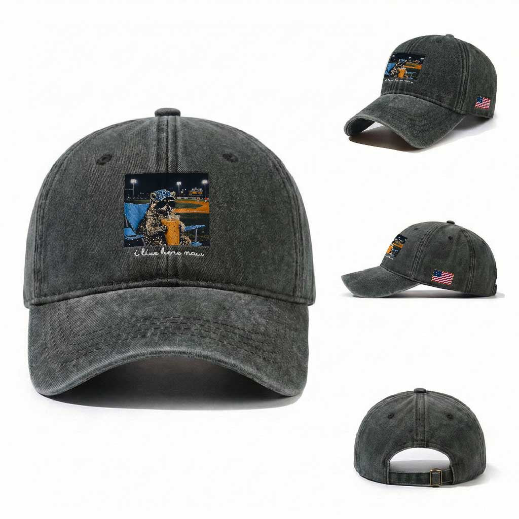 Funny Raccoon Baseball Game Day Meme Washed Cotton Baseball Cap I Live Here Now Trash Panda Iced Coffee Night TS02 Washed Cap Universal Fit Dark Green Print Your Wear