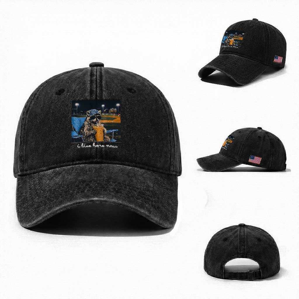 Funny Raccoon Baseball Game Day Meme Washed Cotton Baseball Cap I Live Here Now Trash Panda Iced Coffee Night TS02 Washed Cap Universal Fit Black Print Your Wear