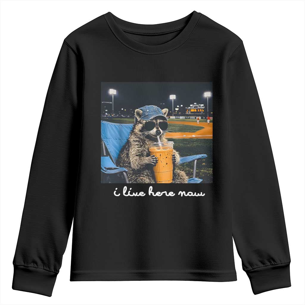 Funny Raccoon Baseball Game Day Meme Youth Sweatshirt I Live Here Now Trash Panda Iced Coffee Night TS02 Black Print Your Wear