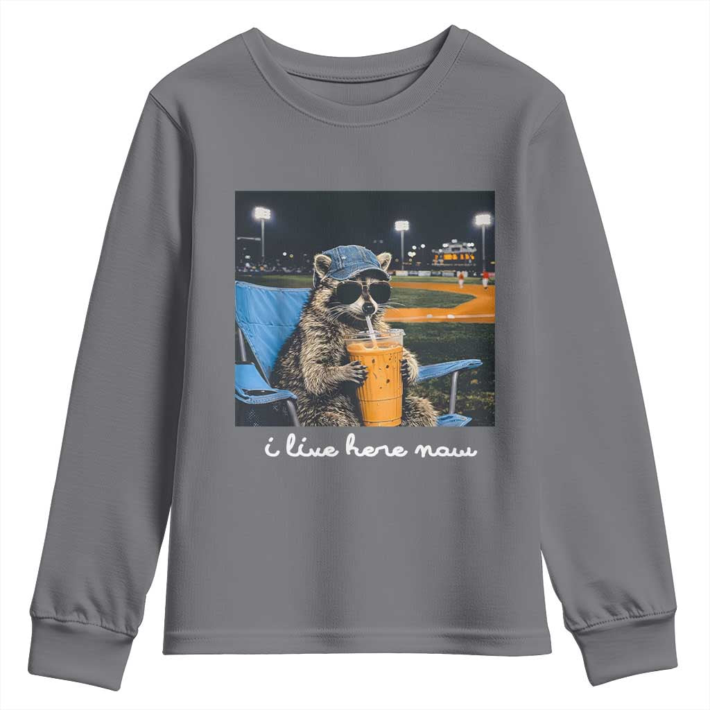Funny Raccoon Baseball Game Day Meme Youth Sweatshirt I Live Here Now Trash Panda Iced Coffee Night TS02 Charcoal Print Your Wear