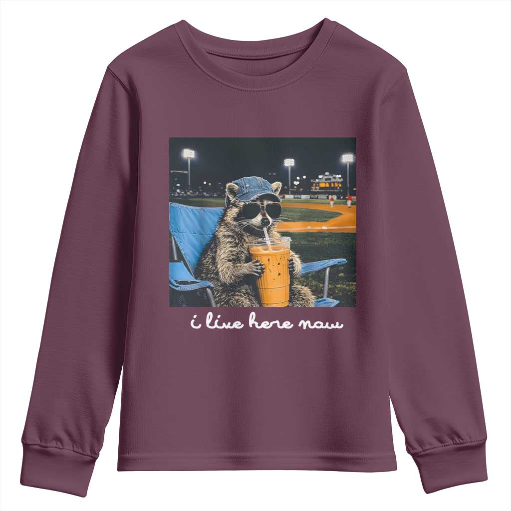 Funny Raccoon Baseball Game Day Meme Youth Sweatshirt I Live Here Now Trash Panda Iced Coffee Night TS02 Maroon Print Your Wear