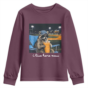 Funny Raccoon Baseball Game Day Meme Youth Sweatshirt I Live Here Now Trash Panda Iced Coffee Night TS02 Maroon Print Your Wear