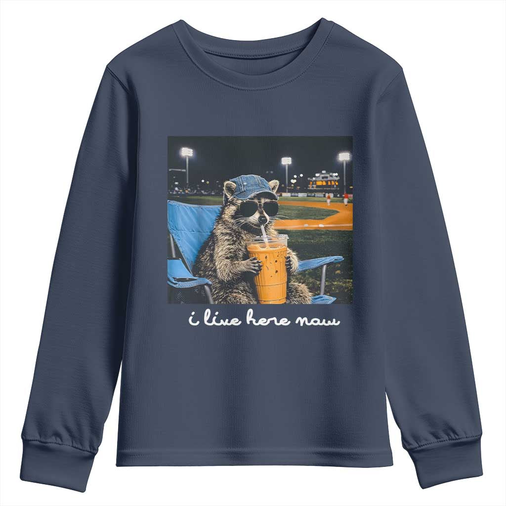 Funny Raccoon Baseball Game Day Meme Youth Sweatshirt I Live Here Now Trash Panda Iced Coffee Night TS02 Navy Print Your Wear