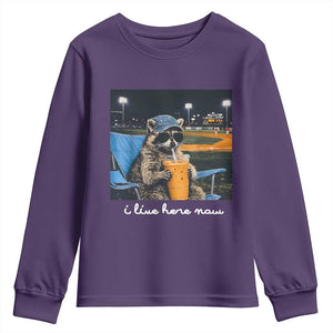 Funny Raccoon Baseball Game Day Meme Youth Sweatshirt I Live Here Now Trash Panda Iced Coffee Night TS02 Purple Print Your Wear