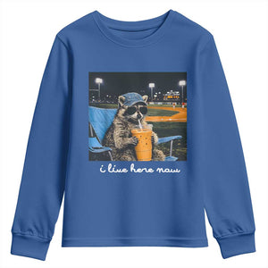 Funny Raccoon Baseball Game Day Meme Youth Sweatshirt I Live Here Now Trash Panda Iced Coffee Night TS02 Royal Blue Print Your Wear