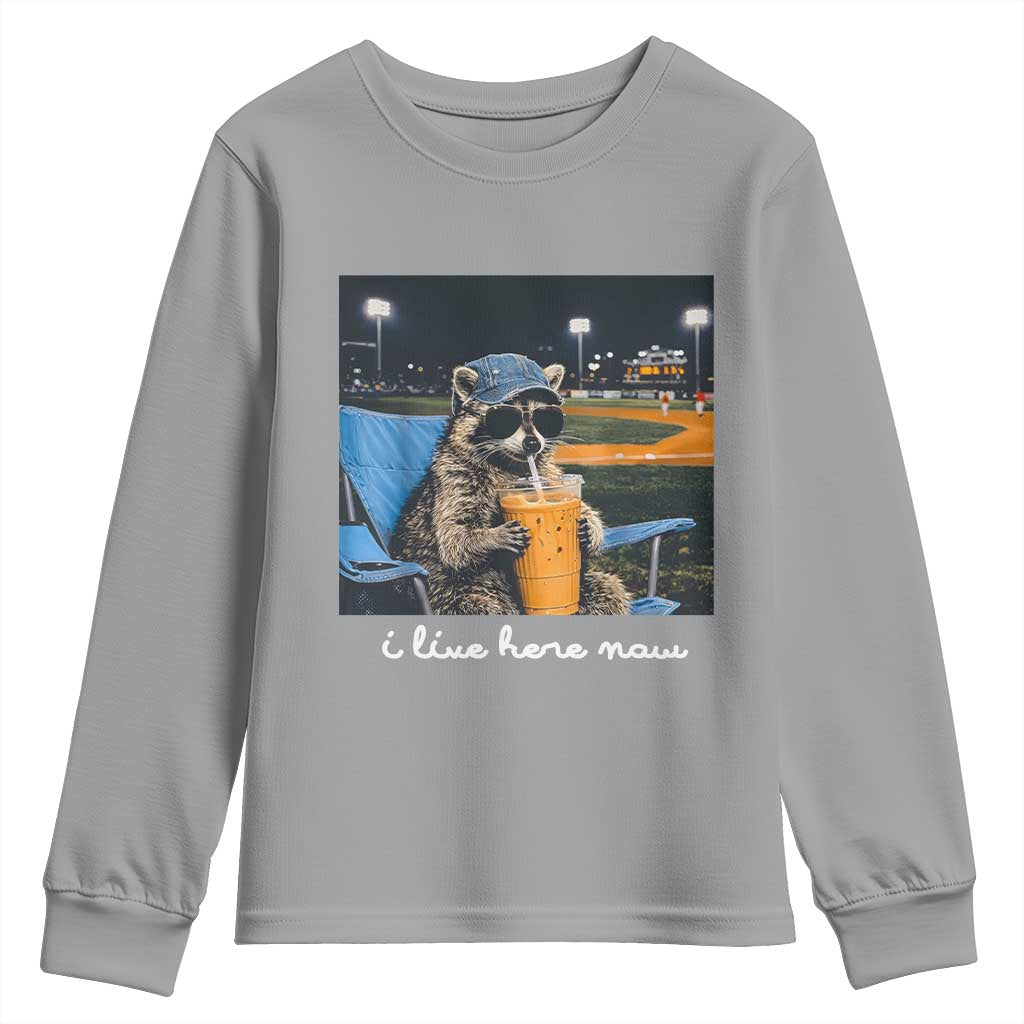 Funny Raccoon Baseball Game Day Meme Youth Sweatshirt I Live Here Now Trash Panda Iced Coffee Night TS02 Sport Gray Print Your Wear