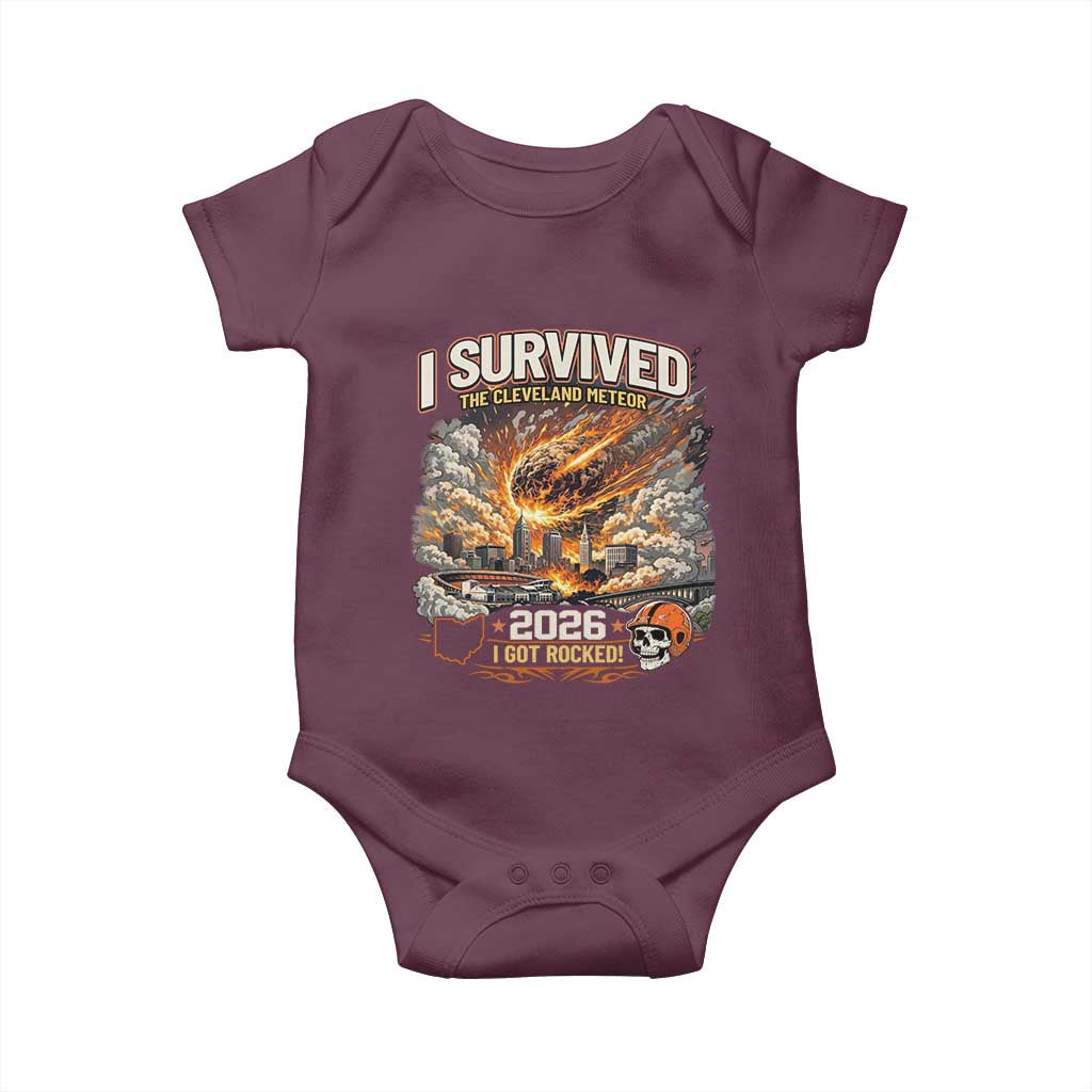 I Survived The Cleveland Meteor 2026 Baby Onesie Funny Ohio Apocalypse Meme Vintage Football Fan Humor TS02 Maroon Print Your Wear