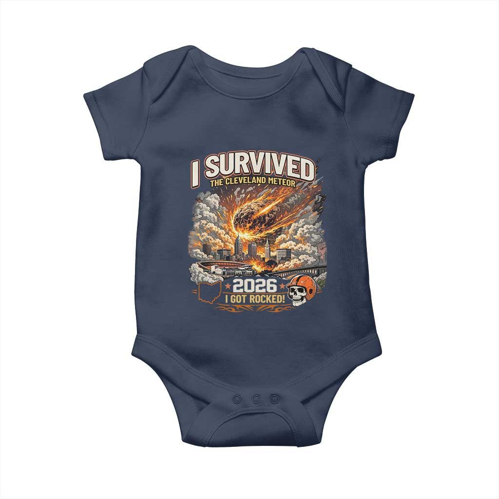 I Survived The Cleveland Meteor 2026 Baby Onesie Funny Ohio Apocalypse Meme Vintage Football Fan Humor TS02 Navy Print Your Wear