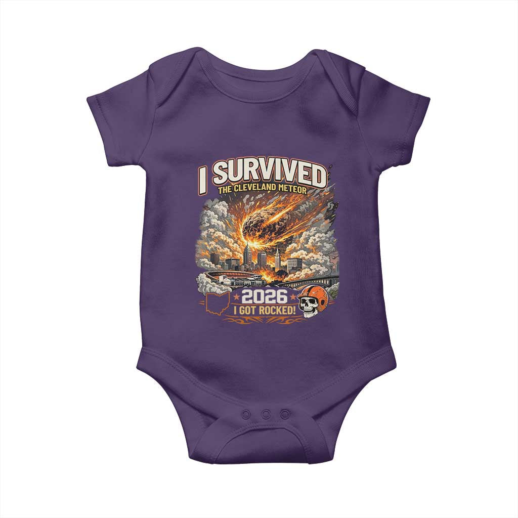 I Survived The Cleveland Meteor 2026 Baby Onesie Funny Ohio Apocalypse Meme Vintage Football Fan Humor TS02 Purple Print Your Wear