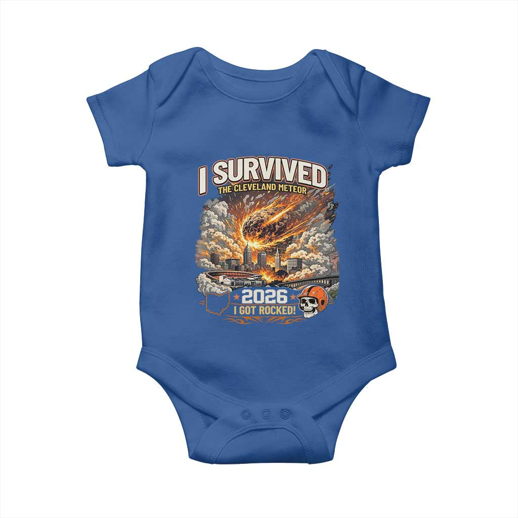 I Survived The Cleveland Meteor 2026 Baby Onesie Funny Ohio Apocalypse Meme Vintage Football Fan Humor TS02 Royal Blue Print Your Wear