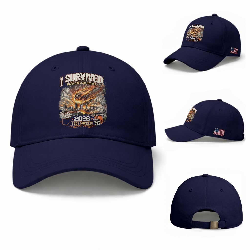 I Survived The Cleveland Meteor 2026 Baseball Cap Funny Ohio Apocalypse Meme Vintage Football Fan Humor TS02 Baseball Cap Universal Fit Dark Blue Print Your Wear