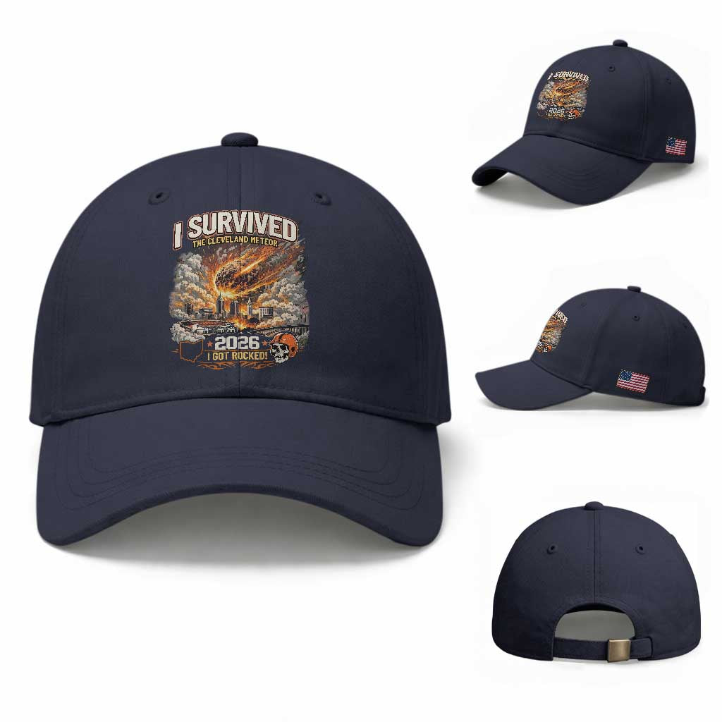 I Survived The Cleveland Meteor 2026 Baseball Cap Funny Ohio Apocalypse Meme Vintage Football Fan Humor TS02 Baseball Cap Universal Fit Navy Print Your Wear