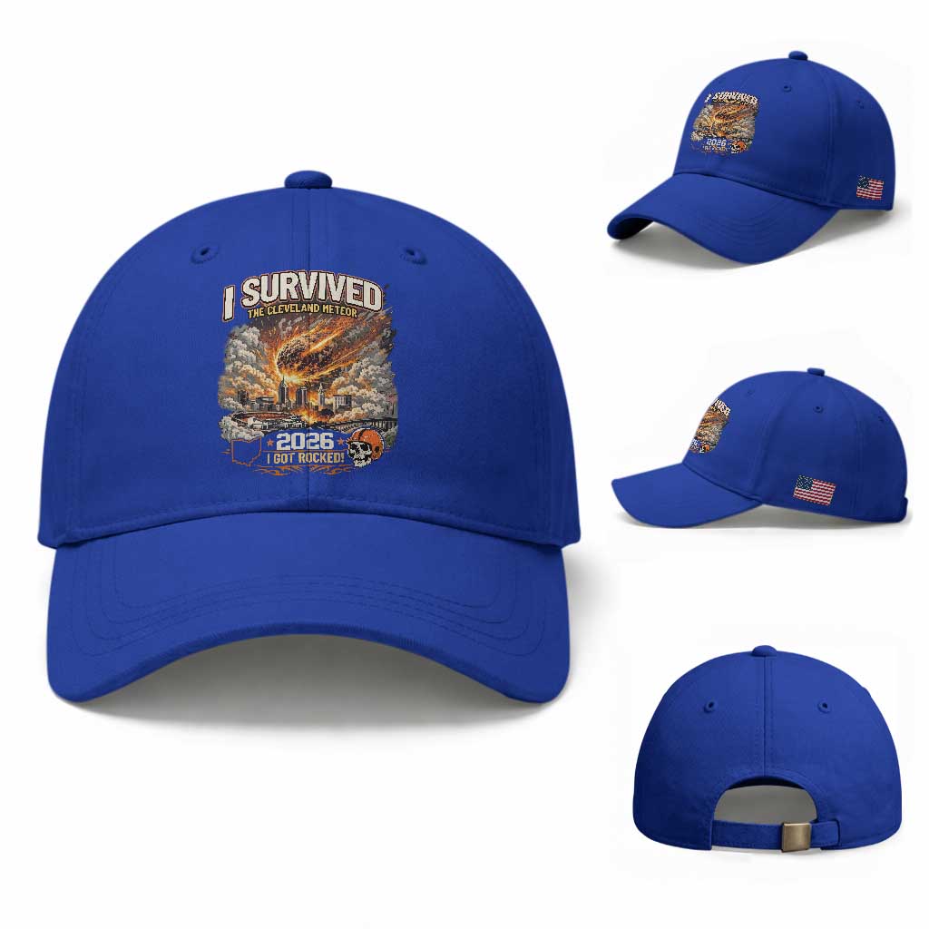 I Survived The Cleveland Meteor 2026 Baseball Cap Funny Ohio Apocalypse Meme Vintage Football Fan Humor TS02 Baseball Cap Universal Fit Royal Blue Print Your Wear