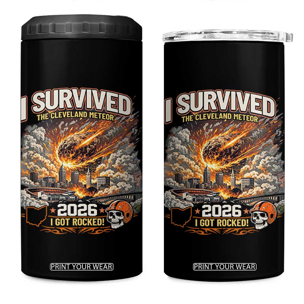 I Survived The Cleveland Meteor 2026 4 in 1 Can Cooler Tumbler Funny Ohio Apocalypse Meme Vintage Football Fan Humor TS02 One Size: 16 oz Black Print Your Wear