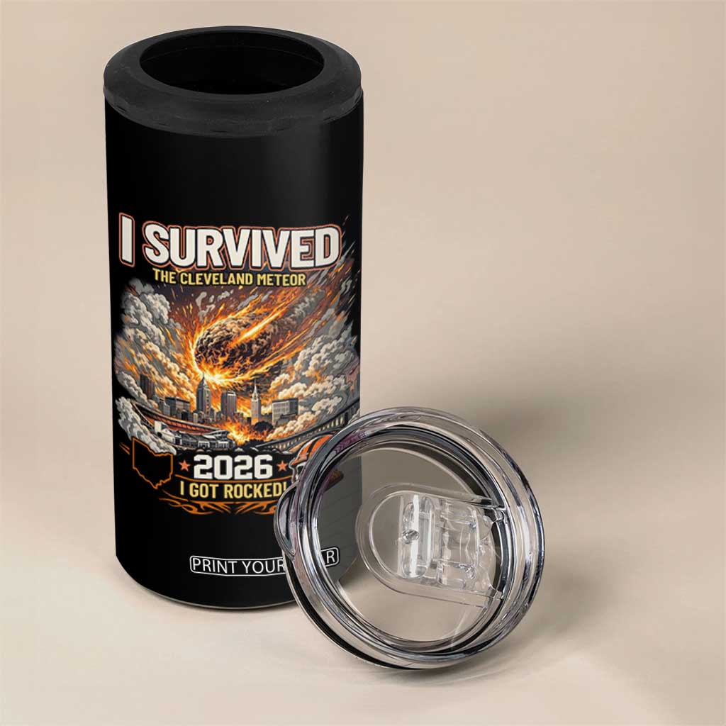 I Survived The Cleveland Meteor 2026 4 in 1 Can Cooler Tumbler Funny Ohio Apocalypse Meme Vintage Football Fan Humor TS02 Print Your Wear
