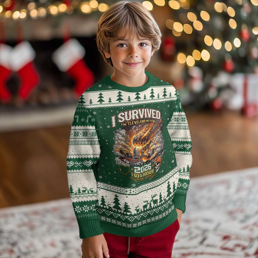 I Survived The Cleveland Meteor 2026 Ugly Christmas Sweater Funny Ohio Apocalypse Meme Vintage Football Fan Humor TS02 Forest Green Beige Print Your Wear