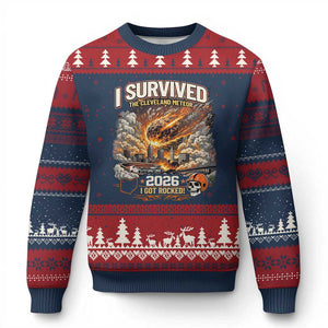 I Survived The Cleveland Meteor 2026 Ugly Christmas Sweater Funny Ohio Apocalypse Meme Vintage Football Fan Humor TS02 Navy Red Print Your Wear
