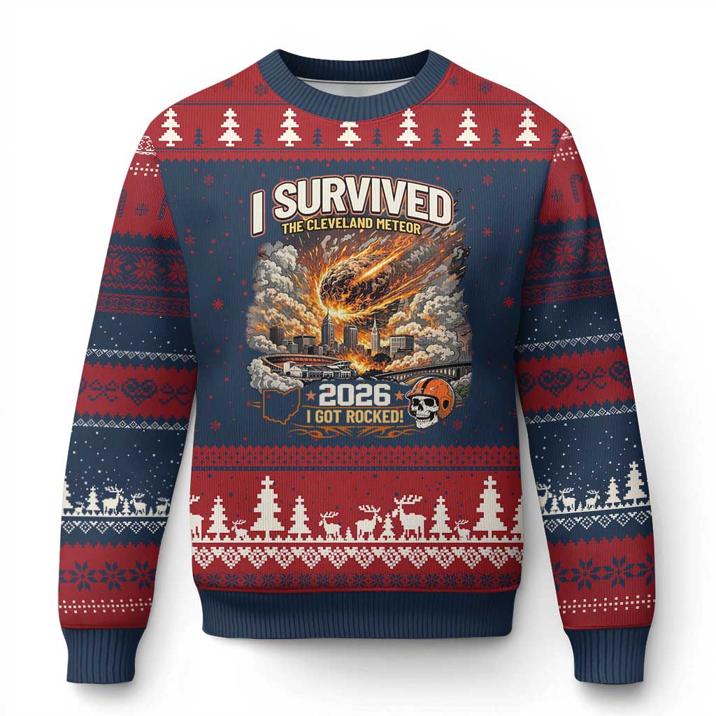 I Survived The Cleveland Meteor 2026 Ugly Christmas Sweater Funny Ohio Apocalypse Meme Vintage Football Fan Humor TS02 Navy Red Print Your Wear