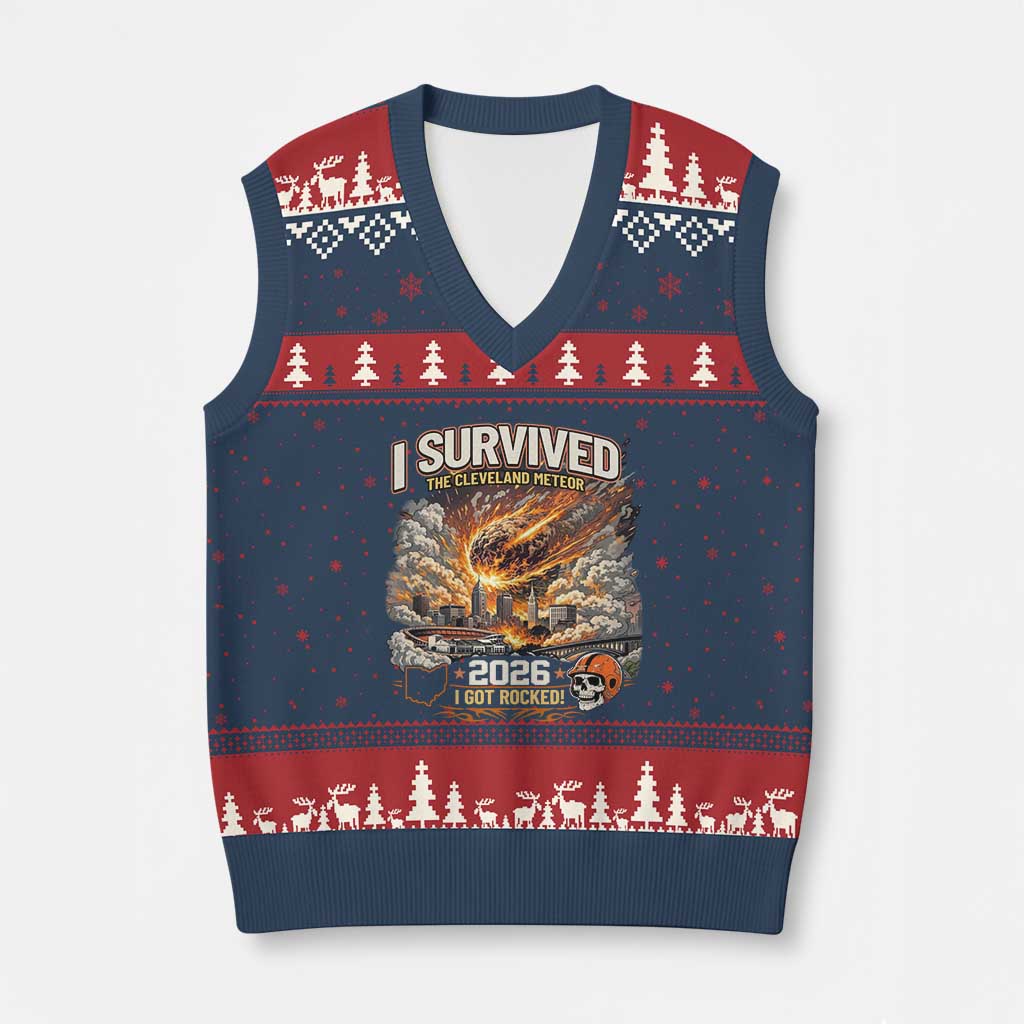 I Survived The Cleveland Meteor 2026 V-Neck Knit Sweater Vest Funny Ohio Apocalypse Meme Vintage Football Fan Humor TS02 Navy Red Print Your Wear