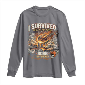I Survived The Cleveland Meteor 2026 Long Sleeve Shirt Funny Ohio Apocalypse Meme Vintage Football Fan Humor TS02 Charcoal Print Your Wear