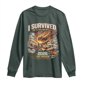 I Survived The Cleveland Meteor 2026 Long Sleeve Shirt Funny Ohio Apocalypse Meme Vintage Football Fan Humor TS02 Dark Forest Green Print Your Wear