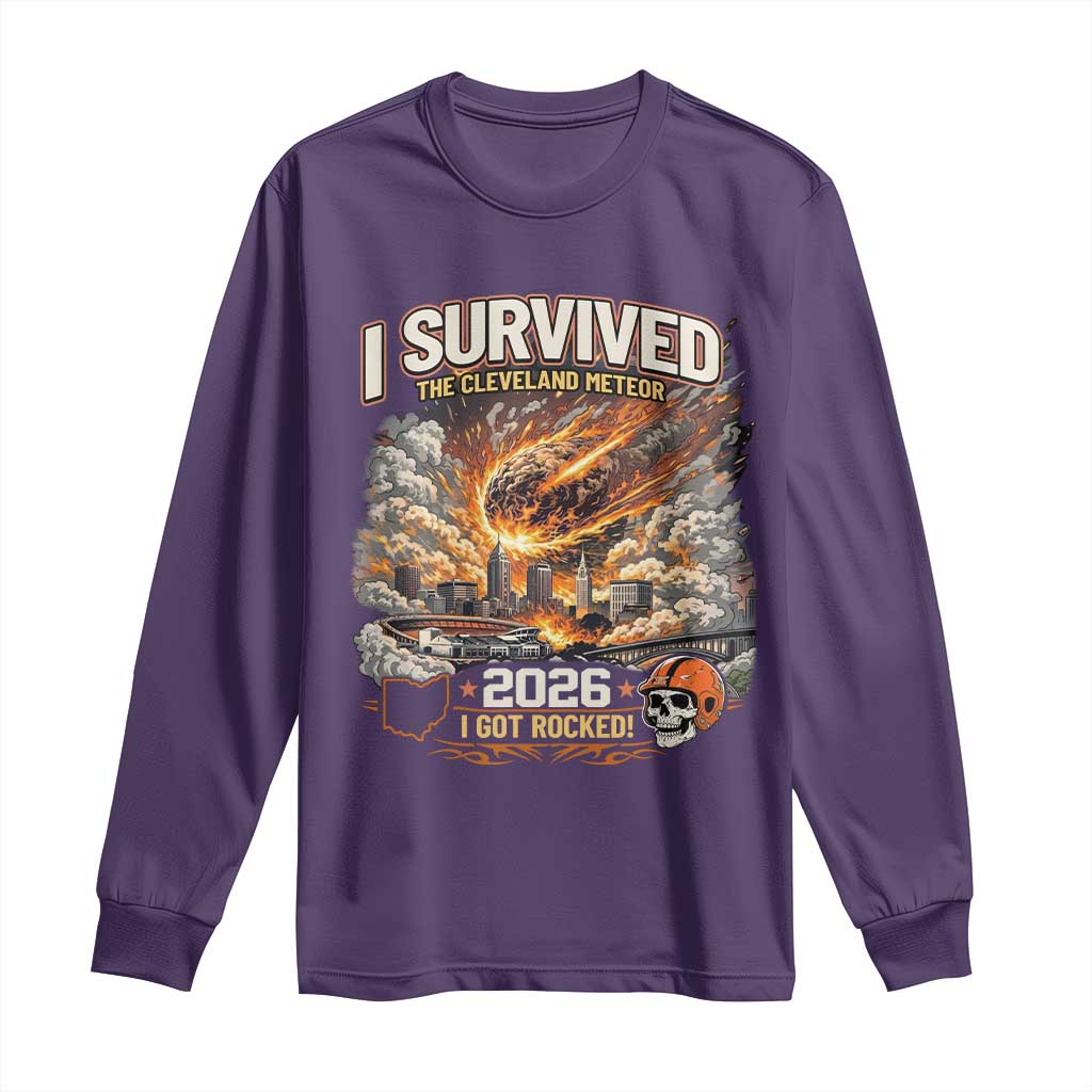 I Survived The Cleveland Meteor 2026 Long Sleeve Shirt Funny Ohio Apocalypse Meme Vintage Football Fan Humor TS02 Purple Print Your Wear