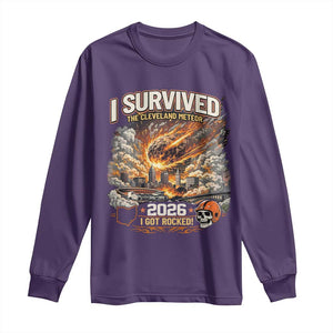 I Survived The Cleveland Meteor 2026 Long Sleeve Shirt Funny Ohio Apocalypse Meme Vintage Football Fan Humor TS02 Purple Print Your Wear