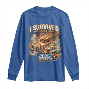 I Survived The Cleveland Meteor 2026 Long Sleeve Shirt Funny Ohio Apocalypse Meme Vintage Football Fan Humor TS02 Royal Blue Print Your Wear