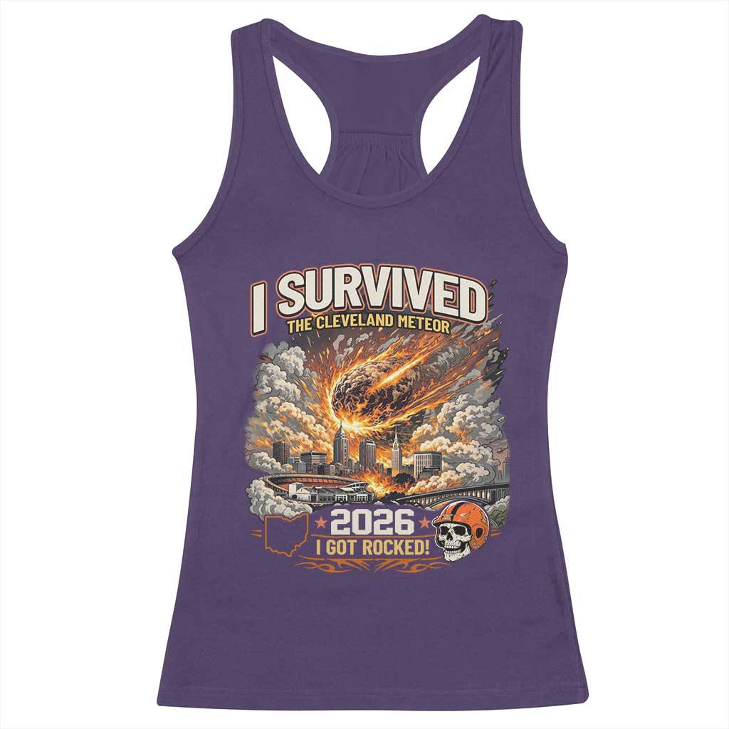I Survived The Cleveland Meteor 2026 Racerback Tank Top Funny Ohio Apocalypse Meme Vintage Football Fan Humor TS02 Purple Print Your Wear