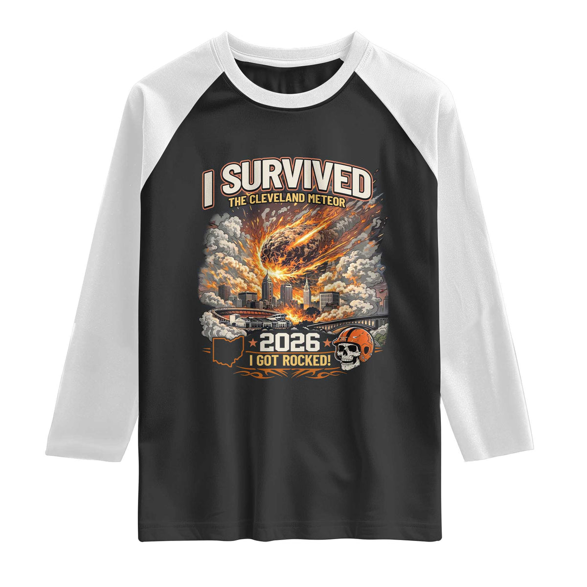 I Survived The Cleveland Meteor 2026 Raglan Shirt Funny Ohio Apocalypse Meme Vintage Football Fan Humor TS02 Black White Print Your Wear