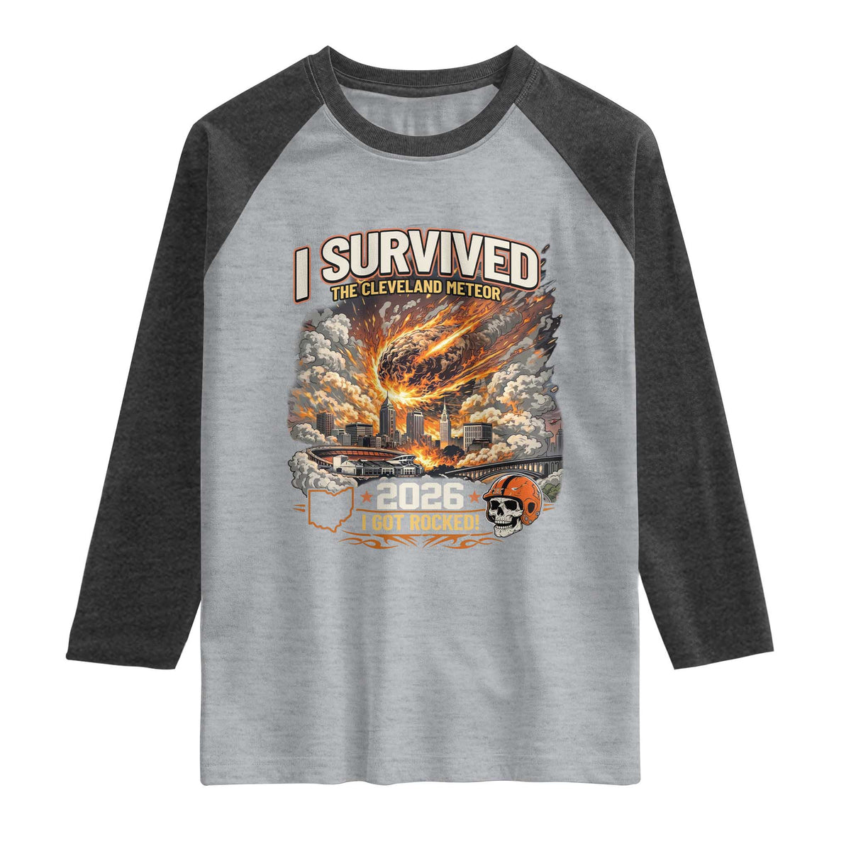 I Survived The Cleveland Meteor 2026 Raglan Shirt Funny Ohio Apocalypse Meme Vintage Football Fan Humor TS02 Heather Gray Heather Charcoal Print Your Wear