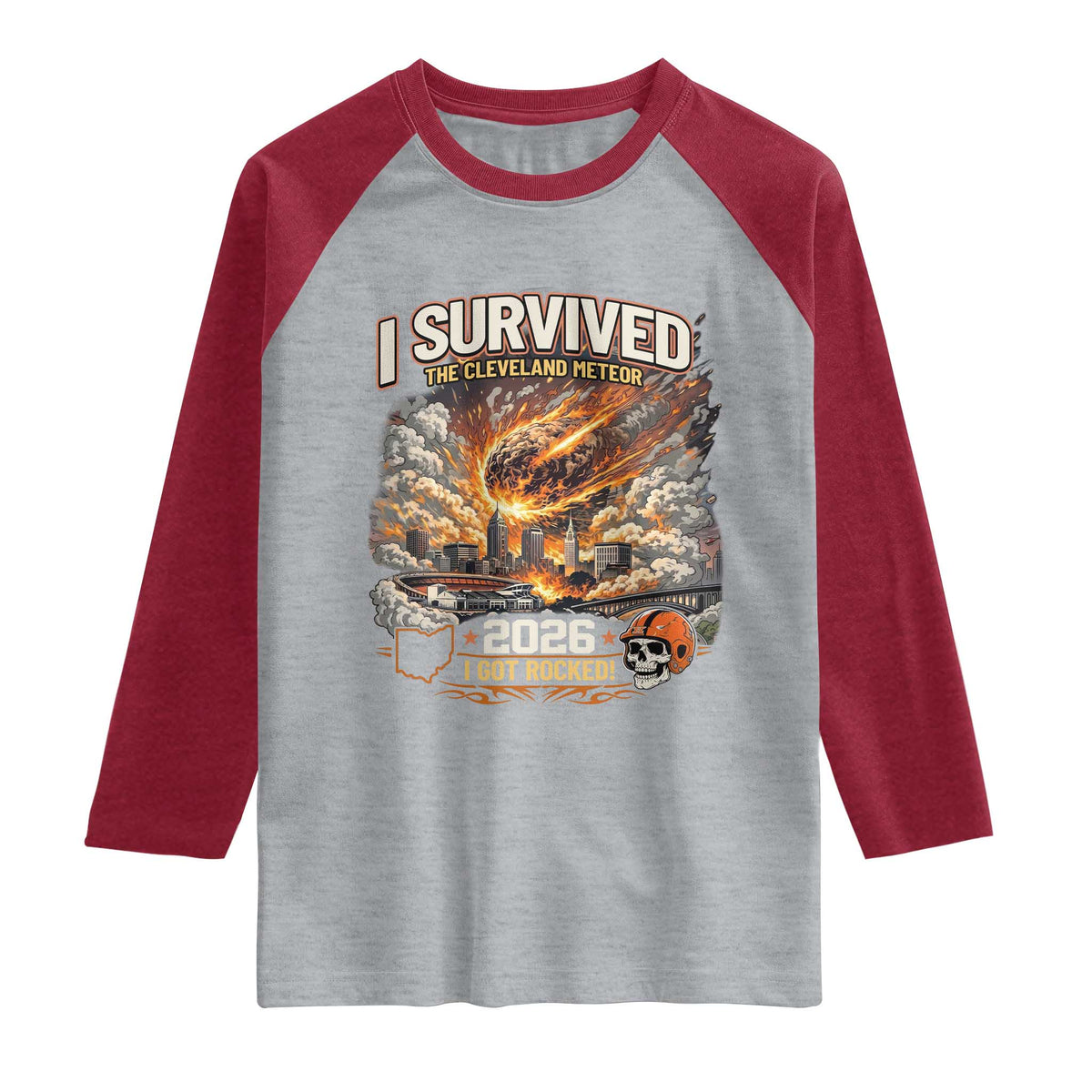 I Survived The Cleveland Meteor 2026 Raglan Shirt Funny Ohio Apocalypse Meme Vintage Football Fan Humor TS02 Heather Gray Heather Red Print Your Wear