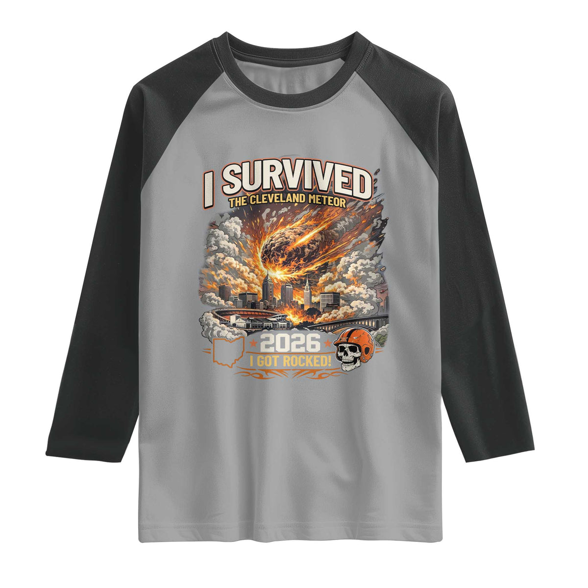 I Survived The Cleveland Meteor 2026 Raglan Shirt Funny Ohio Apocalypse Meme Vintage Football Fan Humor TS02 Sport Gray Black Print Your Wear