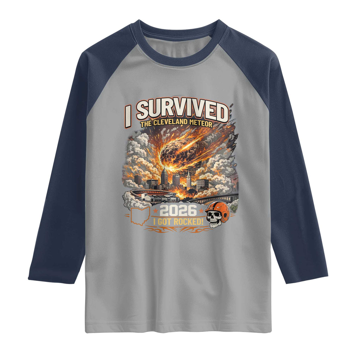 I Survived The Cleveland Meteor 2026 Raglan Shirt Funny Ohio Apocalypse Meme Vintage Football Fan Humor TS02 Sport Gray Navy Print Your Wear