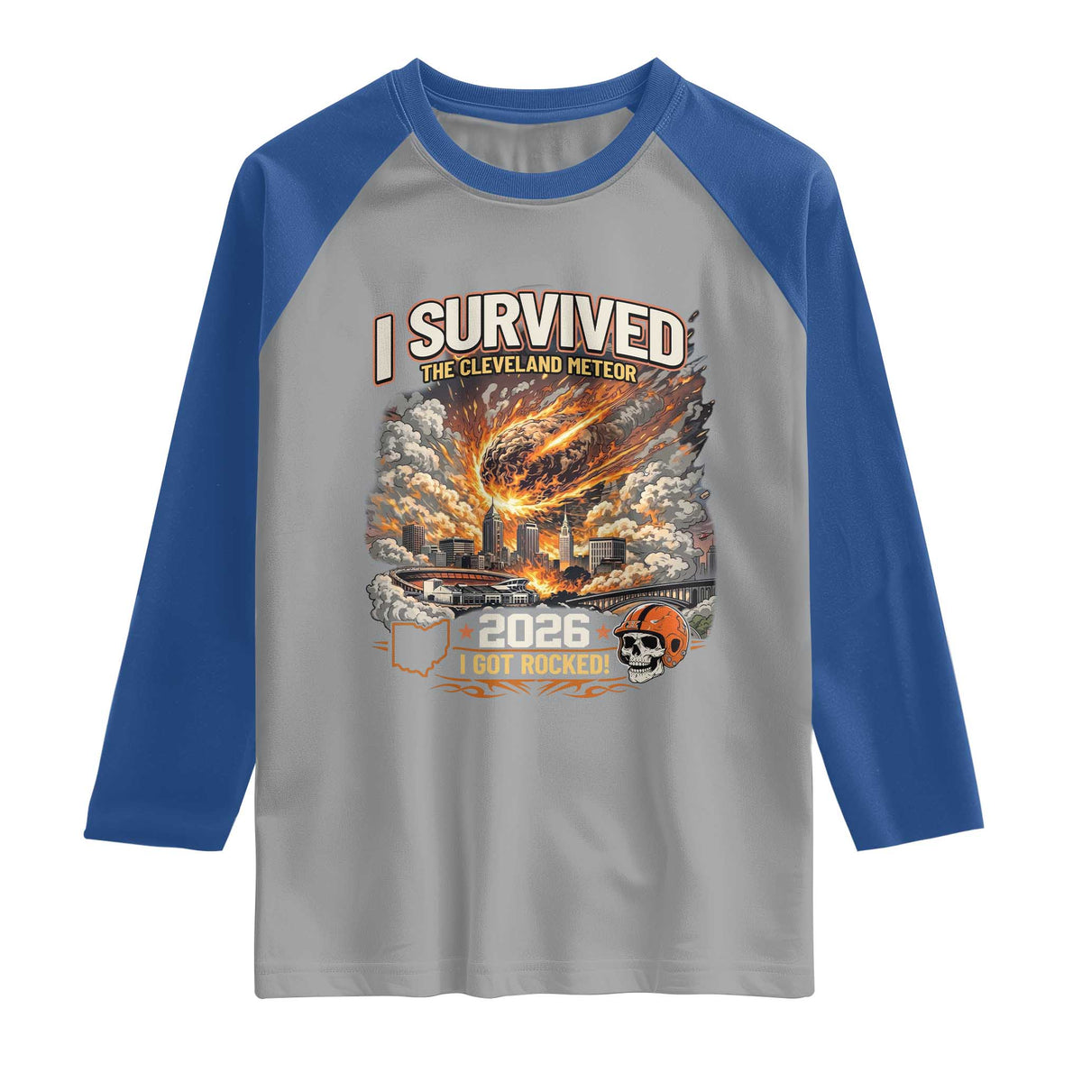 I Survived The Cleveland Meteor 2026 Raglan Shirt Funny Ohio Apocalypse Meme Vintage Football Fan Humor TS02 Sport Gray Royal Print Your Wear