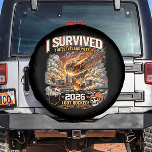 I Survived The Cleveland Meteor 2026 Spare Tire Cover Funny Ohio Apocalypse Meme Vintage Football Fan Humor TS02 No hole Black Print Your Wear