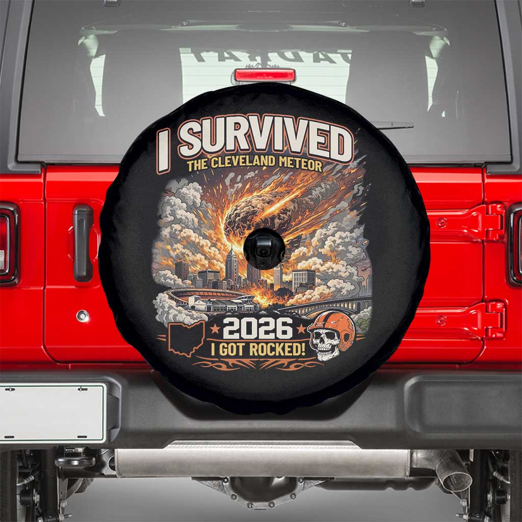 I Survived The Cleveland Meteor 2026 Spare Tire Cover Funny Ohio Apocalypse Meme Vintage Football Fan Humor TS02 Black Print Your Wear