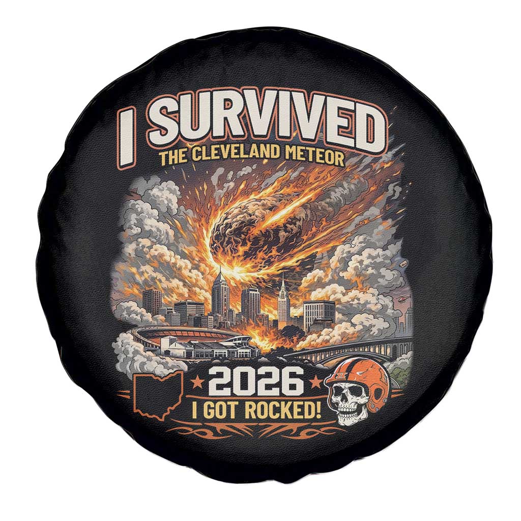 I Survived The Cleveland Meteor 2026 Spare Tire Cover Funny Ohio Apocalypse Meme Vintage Football Fan Humor TS02 Print Your Wear