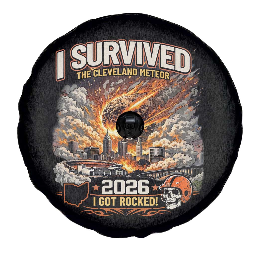 I Survived The Cleveland Meteor 2026 Spare Tire Cover Funny Ohio Apocalypse Meme Vintage Football Fan Humor TS02 Print Your Wear