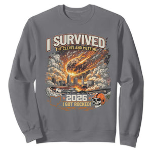 I Survived The Cleveland Meteor 2026 Sweatshirt Funny Ohio Apocalypse Meme Vintage Football Fan Humor TS02 Charcoal Print Your Wear