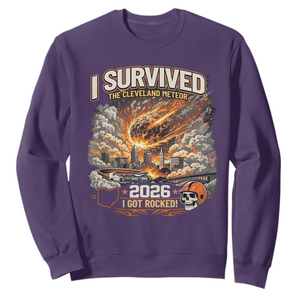 I Survived The Cleveland Meteor 2026 Sweatshirt Funny Ohio Apocalypse Meme Vintage Football Fan Humor TS02 Purple Print Your Wear