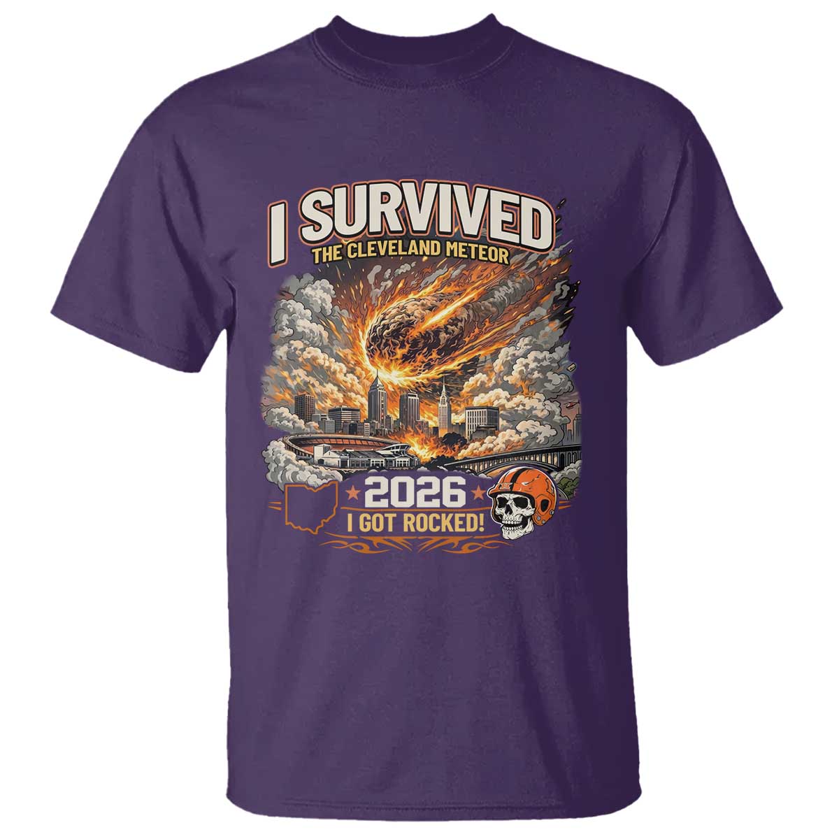 I Survived The Cleveland Meteor 2026 T Shirt Funny Ohio Apocalypse Meme Vintage Football Fan Humor TS02 Purple Print Your Wear