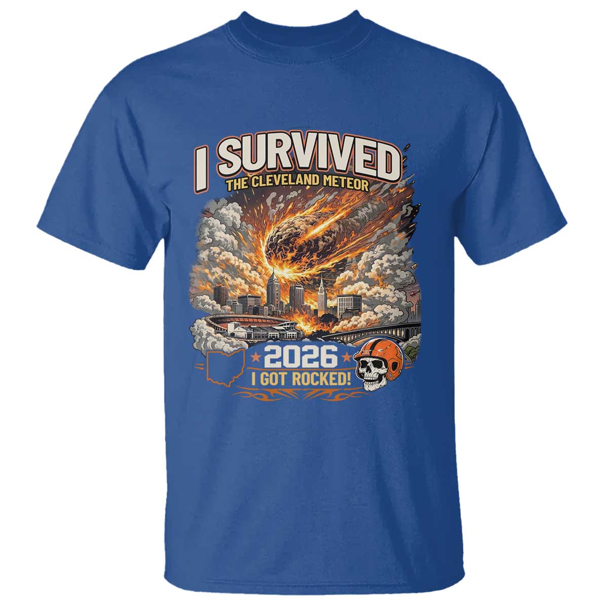 I Survived The Cleveland Meteor 2026 T Shirt Funny Ohio Apocalypse Meme Vintage Football Fan Humor TS02 Royal Blue Print Your Wear
