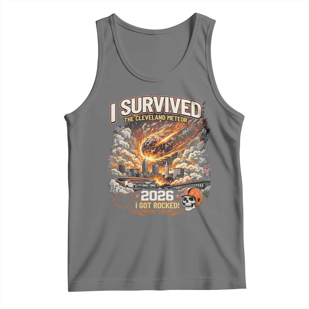 I Survived The Cleveland Meteor 2026 Tank Top Funny Ohio Apocalypse Meme Vintage Football Fan Humor TS02 Black Heather Print Your Wear