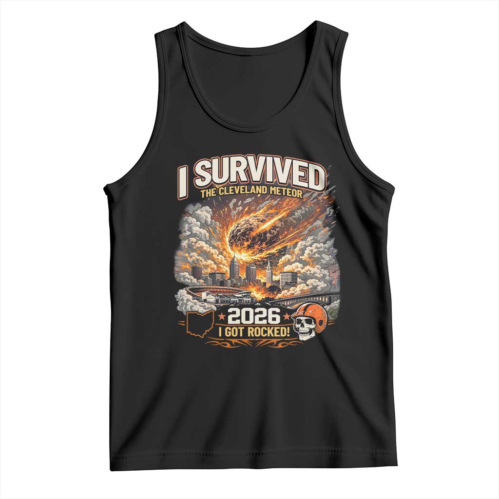 I Survived The Cleveland Meteor 2026 Tank Top Funny Ohio Apocalypse Meme Vintage Football Fan Humor TS02 Black Print Your Wear