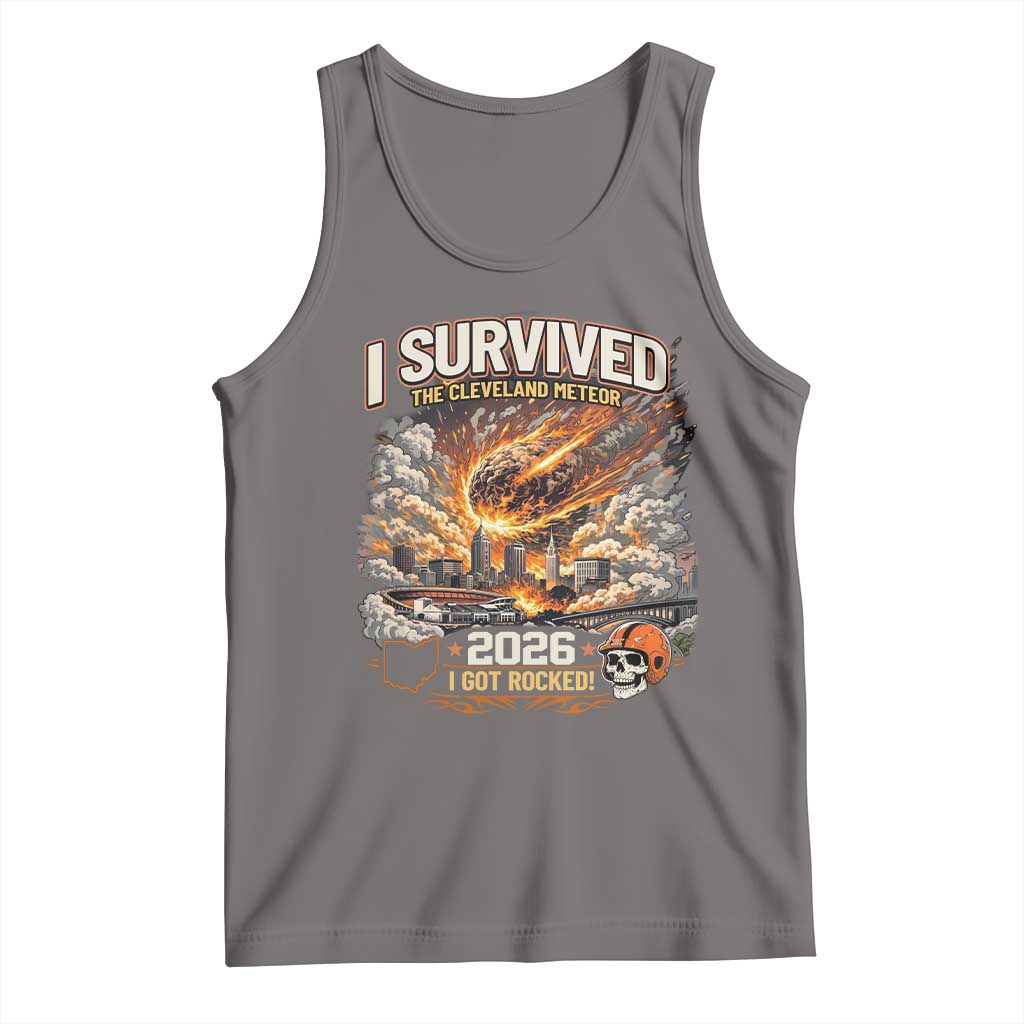 I Survived The Cleveland Meteor 2026 Tank Top Funny Ohio Apocalypse Meme Vintage Football Fan Humor TS02 Deep Heather Print Your Wear