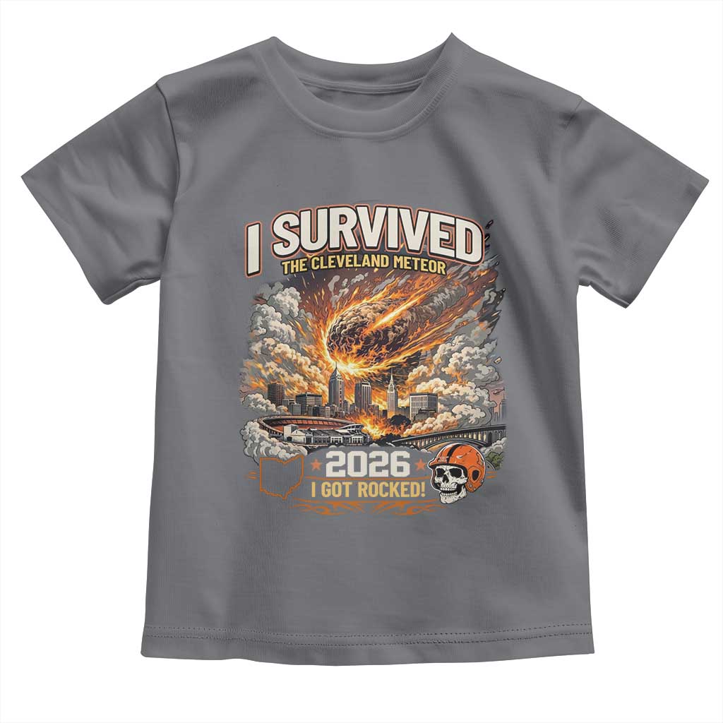 I Survived The Cleveland Meteor 2026 Toddler T Shirt Funny Ohio Apocalypse Meme Vintage Football Fan Humor TS02 Charcoal Print Your Wear