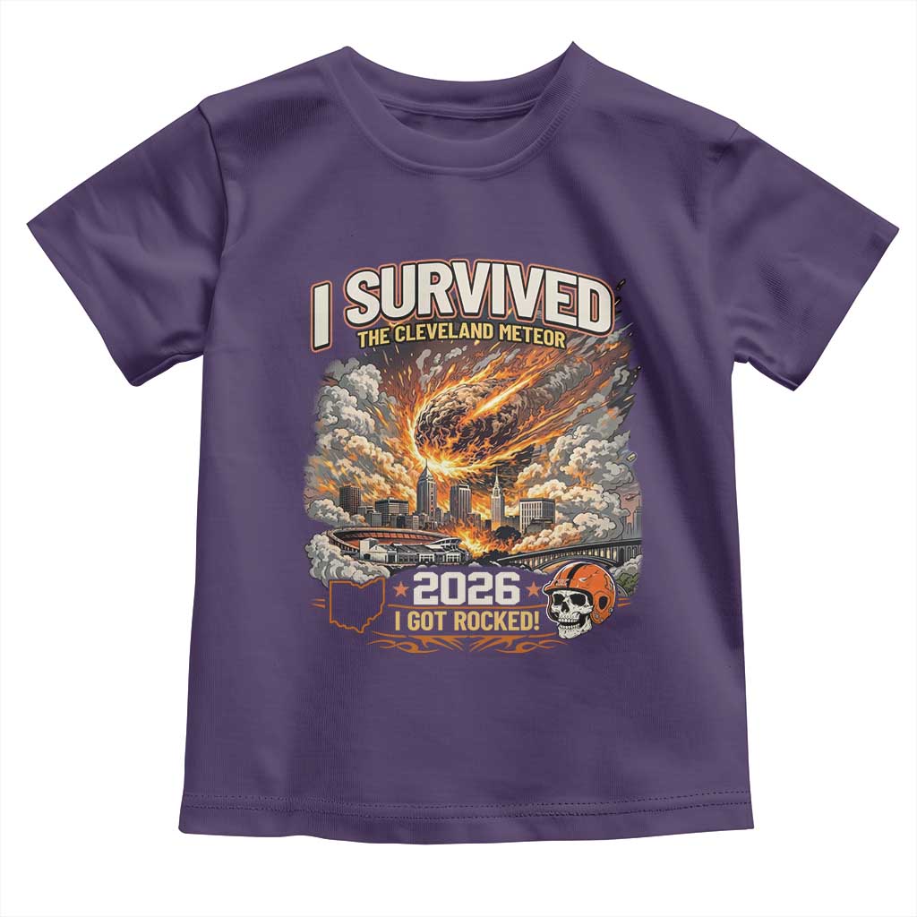I Survived The Cleveland Meteor 2026 Toddler T Shirt Funny Ohio Apocalypse Meme Vintage Football Fan Humor TS02 Purple Print Your Wear