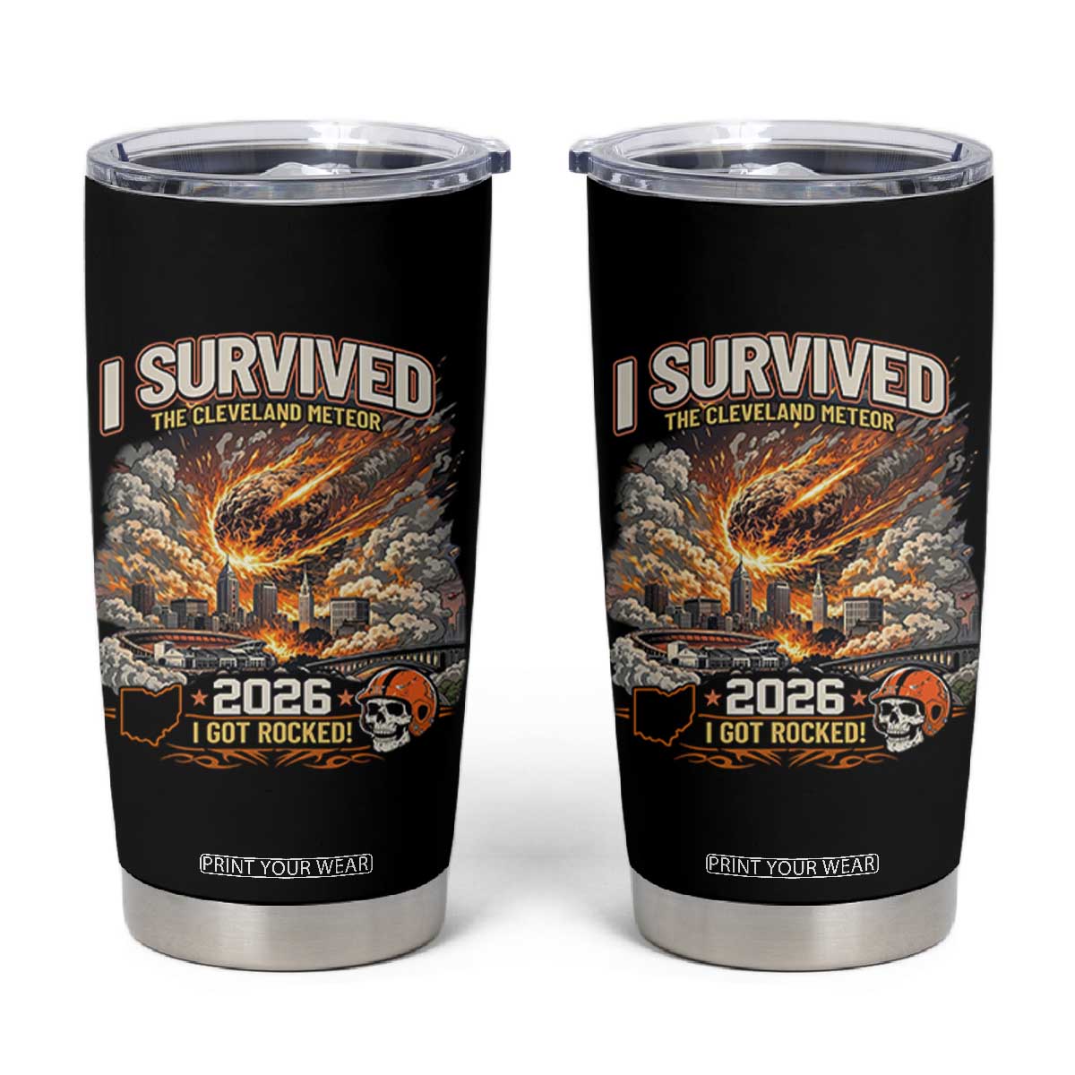 I Survived The Cleveland Meteor 2026 Tumbler Cup Funny Ohio Apocalypse Meme Vintage Football Fan Humor TS02 Black Print Your Wear