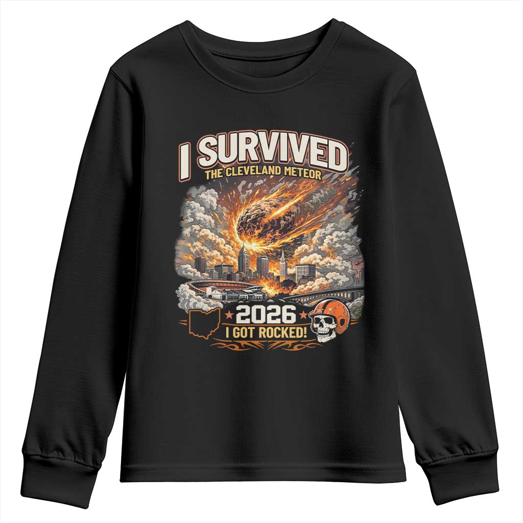 I Survived The Cleveland Meteor 2026 Youth Sweatshirt Funny Ohio Apocalypse Meme Vintage Football Fan Humor TS02 Black Print Your Wear